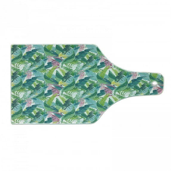 Watercolor Cutting Board, Exotic Jungles of Hawaii Inspired Fresh Green Leaves Tropical Plants Art, Tempered Glass Cutting and Serving Board, Wine Bottle Shape, Green Pink White, by Ambesonne