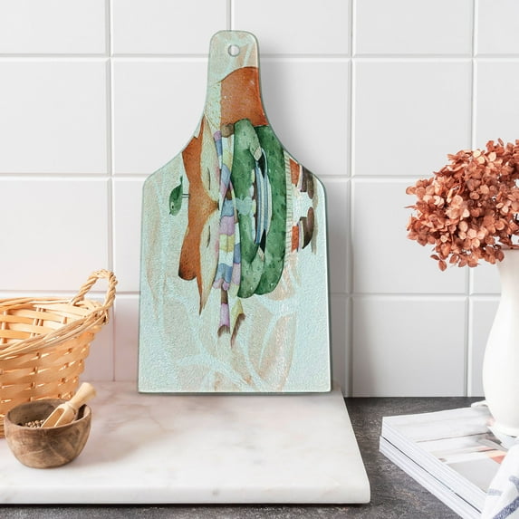 Watercolor Cutting Board, Little Fox Wants to Drink Coffee with Its Bird Friend, Decorative Tempered Glass Cutting and Serving Board, Wine Bottle Shape, Jade Green Pale Pink, by Ambesonne