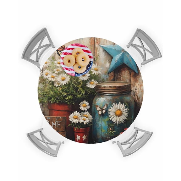 Watercolor Daisies Start Butterfly Fitted Round Tablecloths Elastic Edged Table Covers 36"-44",Vintage Farmhouse Wooden Waterproof Dining Room Table Cloth for Kitchen Holiday Party Tables Decor