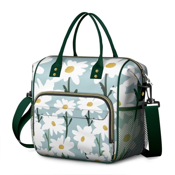 Watercolor Daisy Artwork Lunch Tote - Large Insulated & Leakproof Picnic Bag, Vintage Floral Thermal Tote with Shoulder Strap
