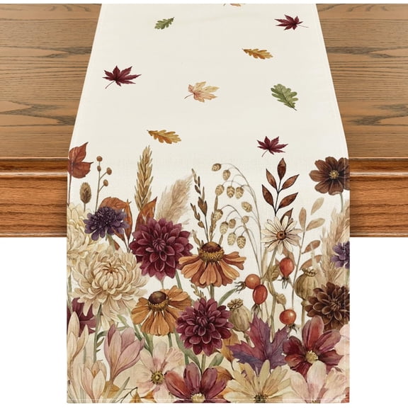 Watercolor Daisy Floral Flowers 210 GSM Fall Table Runner, Seasonal Autumn Kitchen Dining Table Decoration for Home Party Decor 13x72 Inch
