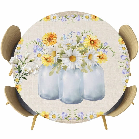 Watercolor Daisy Flower Leaves Fitted Round Tablecloths Table Covers 36"-44",Waterproof Table Cloth for Kitchen Holiday Party Tables Decor