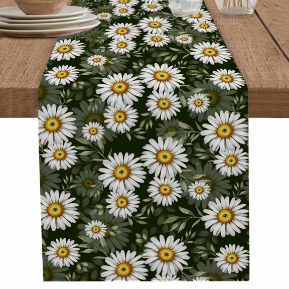 Watercolor Daisy Flower Leaves on Vintage Table Runner-70 Inch Long Summer Floral Table Runners Linen Burlap Tablerunner for Kitchen Dining Room Holiday Party