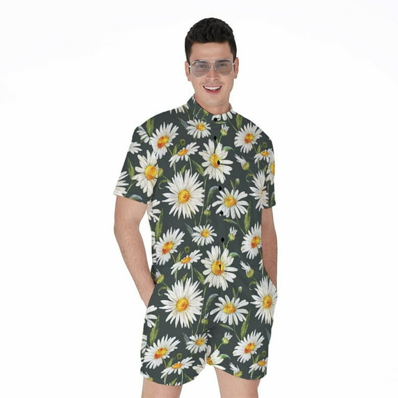 Watercolor Daisy Flower Pattern Short Sleeve Men'S Rompers, Daisy Floral Casual Summer Jumpsuits Outfit
