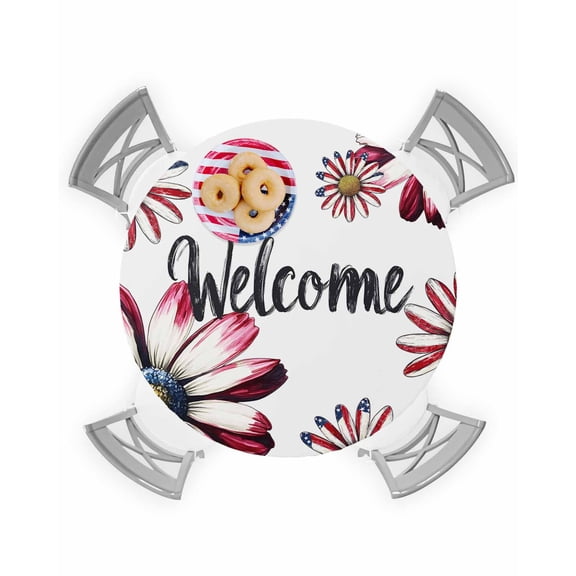 Watercolor Daisy Patriotic Flag Fitted Round Tablecloths Elastic Edged Table Covers 36"-44",Memorial Day Welcome Text Waterproof Dining Room Table Cloth for Kitchen Holiday Party Tables Decor