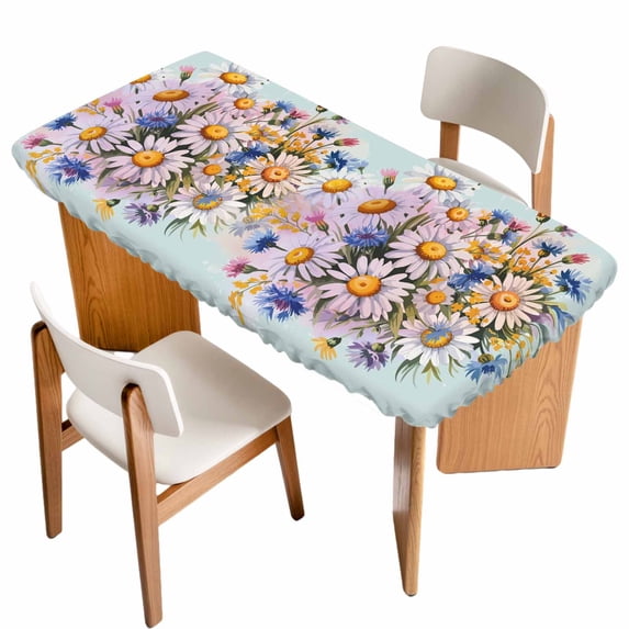 Watercolor Daisy Table Cloths for 6 Foot Rectangle Tables, Rustic Spring Botanical Flowers Floral Patio Waterproof Elastic Fitted Tablecloths, Washable Rectangular Table Cover for Camping