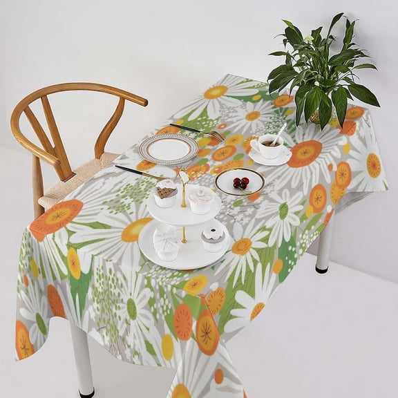 Watercolor Daisy Tablecloth, Rustic Retro Farmhouse Style Orange White Daisy Flower Blossom Table Cover for Kitchen Dining Picnic Party 60x120inch