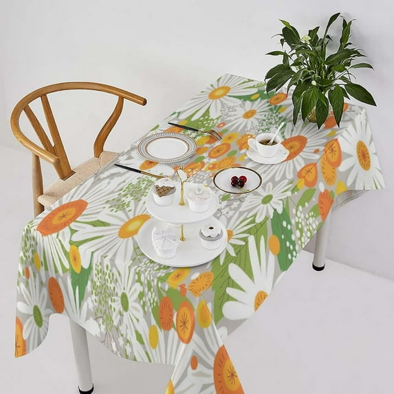 Watercolor Daisy Tablecloth, Rustic Retro Farmhouse Style Orange White Daisy Flower Blossom Table Cover for Kitchen Dining Picnic Party 60x84inch