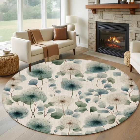 Watercolor Dandelion Round Area Rug 8Ft Washable Large Circle Rugs for Living Room Dorm, Spring Floral Botanical Vintage Beige Non-Slip Carpet Floor Mats Indoor Outdoor Carpet Runner Home Decor