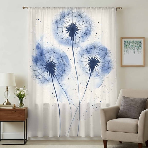 Watercolor Dandelion Sheer Curtains 63 Inches Long, Spring Blue Flowers Simple Country Light Filering Curtains, Breathable Simi Curtain Privacy Drapes for Living Room Bedroom Window Treatment