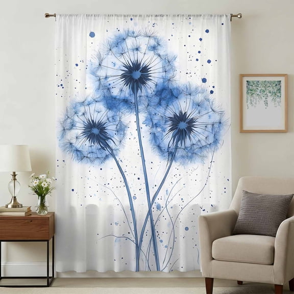 Watercolor Dandelion Sheer Curtains 96 Inches Long, Pastoral Spring Blue Flowers Light Filering Curtains, Privacy Drapes Simi Floor to Veiling Curtain for Living Room Bedroom Large Window Treatment