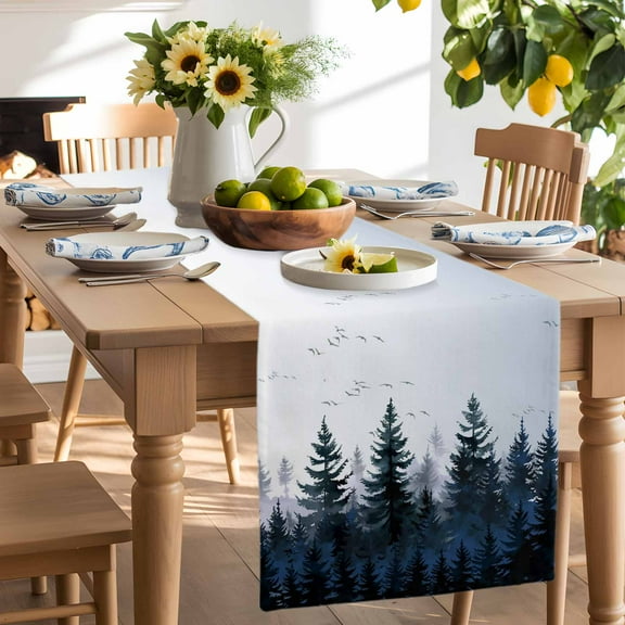 Watercolor Dark Blue Forest Bird Table Runner-90 Inch Long Vintage Tree Branch Table Runners Linen Burlap Tablerunner for Kitchen Dining Room Holiday Party