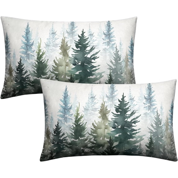 Watercolor Dark Green Christmas Tree Lumbar Pillow Covers 12x20 Set of 2 Winter Rustic Nature Forest Throw Pillow Covers Xmas Pine Trees Linen Pillow Cases for Farmhouse Living Room Decor