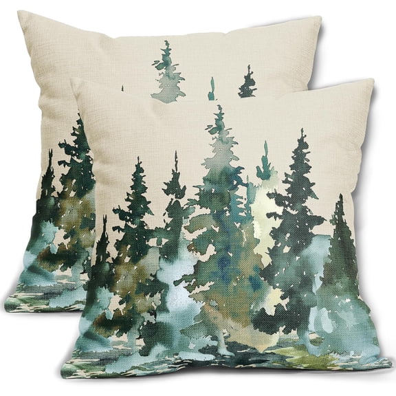 Watercolor Dark Green Teal Tree Pillow Covers 16X16 Inch Rustic Nature Forest Decorative Pillow Cases Set of 2 Winter Christmas Farmhouse Throw Pillows Home Decor for Sofa Couch Party Outdoor