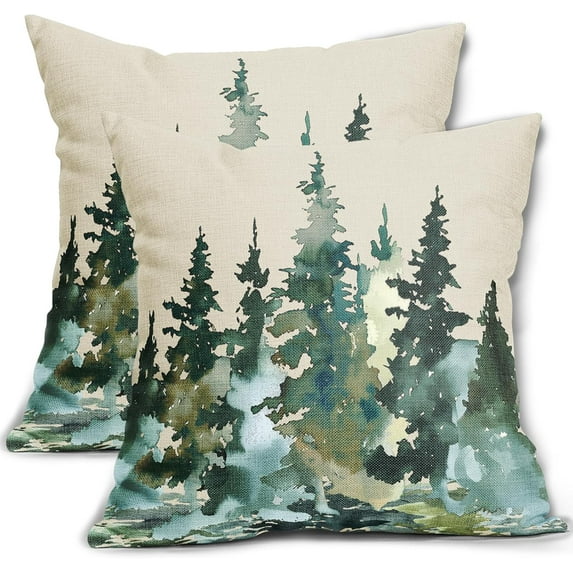 Watercolor Dark Green Teal Tree Pillow Covers 18X18 Inch Rustic Nature Forest Decorative Pillow Cases Set of 2 Winter Christmas Farmhouse Throw Pillows Home Decor for Sofa Couch Party Outdoor