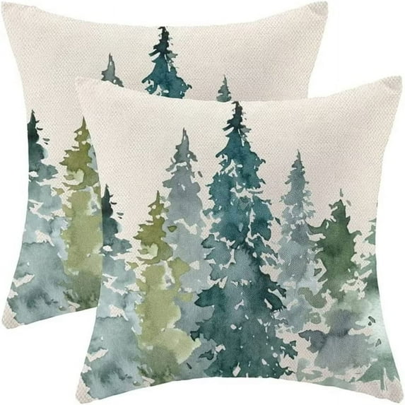 Watercolor Dark Green Tree Pillow Covers 18X18 Set of 2, Nature Themed Christmas Throw Pillow Covers Rustic Forest Pillowcase Decor for Indoor Outdoor Home Sofa Bedroom Living Room
