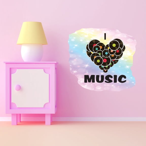 Watercolor Decal I Love Music Living Room Wall Decal for Family Heart Shaped Phonograph Vinyl Discs Art Cute Themed Room Décor - Size: 10 In x 9 In