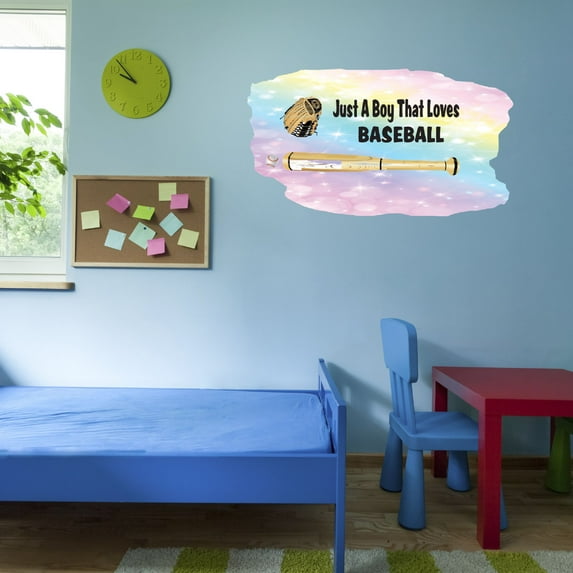 Watercolor Decal Just A Boy That Loves Baseball Bedroom Wall Decal for Children Baseball Dream Sport Inspirational Quote Cute Themed Room Décor - Size: 30 In x 18 In