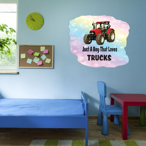 Watercolor Decal Just A Boy That Loves Trucks Bedroom Wall Decal for Children Inspirational Quotes Multicolored Truck Cute Themed Room Décor - Size: 10 In x 9 In