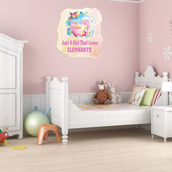 Watercolor Decal Just A Girl That Loves Elephants Living Room Wall Decal for Family Pink Background Watercolor Painting Art Cute Themed Room Decal - Size: 18 In x 20 In