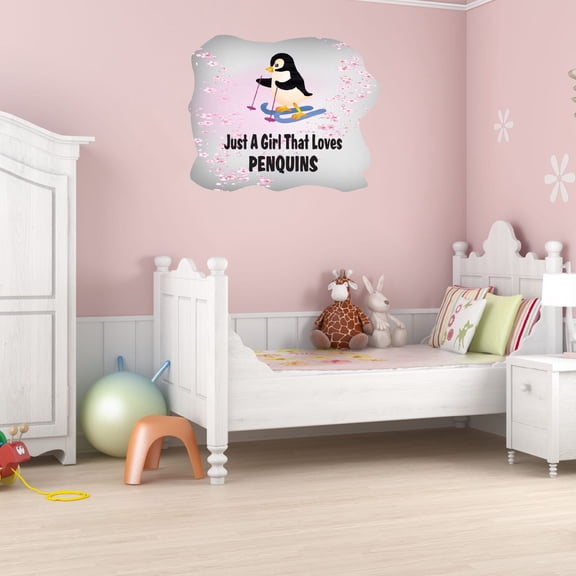 Watercolor Decal Just A Girl That Loves Penguins Living Room Wall Decal for Family Aquatic Flightless Bird Floral Design Cute Themed Room Décor - Size: 10 In x 8 In