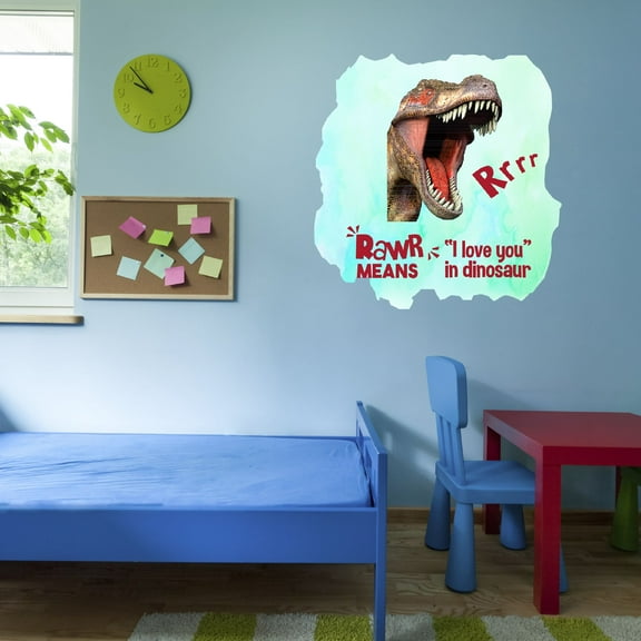 Watercolor Decal Rawr Means I Love You In Dinosaur Bedroom Wall Decal for Children Multicolored Jurassic Themed Art Design Cute Themed Room Decal - Size: 40 In x 40 In