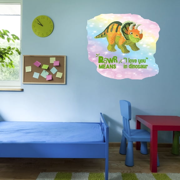 Watercolor Decal Rawr Means I Love You In Dinosaur Living Room Wall Decal for Family Triceratops Multicolored Background Art Cute Themed Room Décor - Size: 10 In x 9 In
