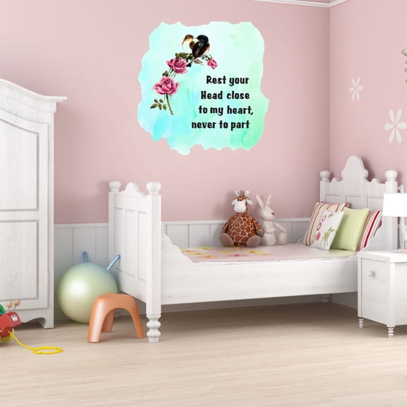 Watercolor Decal Rest Your Head To My Heart Never To Part Bedroom Wall Decal for Children Blue Background Inspirational Quotes Art Cute Themed Room Decal - Size: 40 In x 40 In
