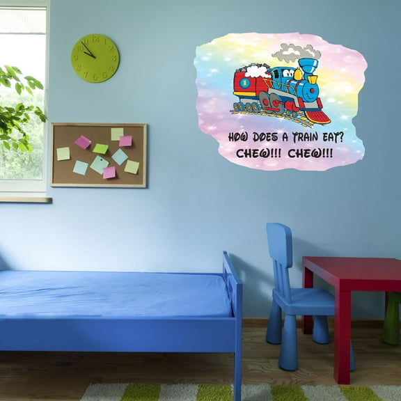 Watercolor Decal How Does A Train Eat Chew Chew Living Room Wall Decal for Family Funny Train Quotes Lettering Art Design Cute Themed Room Décor - Size: 30 In x 24 In