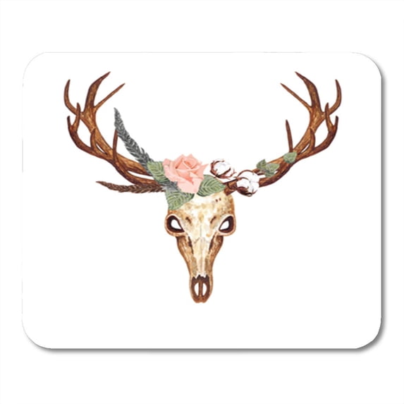 Watercolor Deer Skull Coral Rose Feathers Flowers Boho Ethnic Mousepad Mouse Pad Mouse Mat 9x10 inch