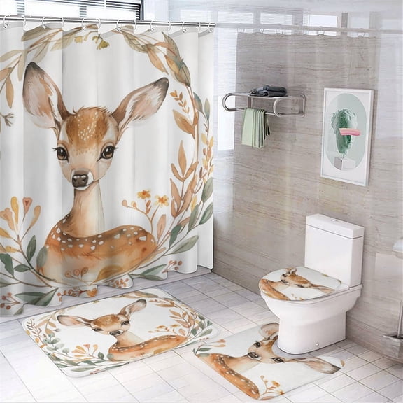 Watercolor Deer Wreath Decor 4 Piece Bathroom Shower Curtain Sets with Rugs Include Waterproof Shower Curtain Non-Slip Rug Toilet Lid Cover Bath Mat Watercolor Animals Nursery