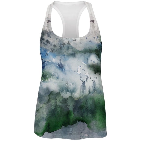 Watercolor Deer in the Mist All Over Womens Work Out Tank Top Multi 2XL
