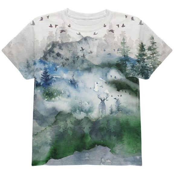 Watercolor Deer in the Mist All Over Youth T Shirt Multi YSM