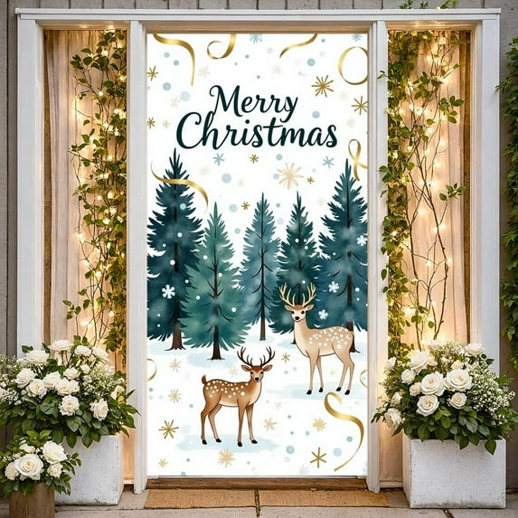 Watercolor Design Merry Christmas Banner Green Pine Trees Christmas Display Reindeer Pattern Snowflake Decor Xmas Background for Christmas Party Holiday Decoration Indoor Celebration