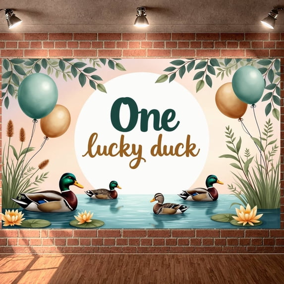 Watercolor Design One Lucky Duck Banner Green & Gold Duck Party ...