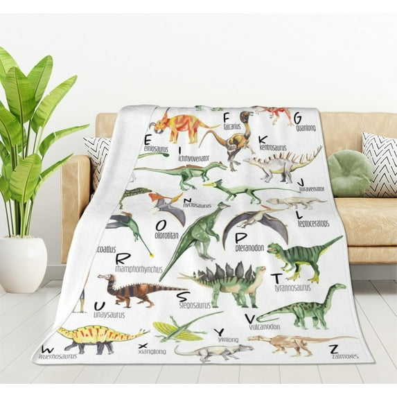 Watercolor Dinosaur Alphabet Fleece Throw Blanket Ultra Soft Cozy Blooming Decorative Flannel Blanket All Season for Home Couch Bed Chair Travel 40x50in