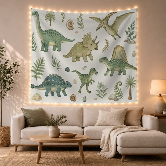 Watercolor Dinosaur Collage with Ferns and Fossils on Pale Background, Playful Illustration for Kids, Prehistoric Nursery Art Print, Birthday Gift, Tapestry Wall Hanging for Nursery and Playroom
