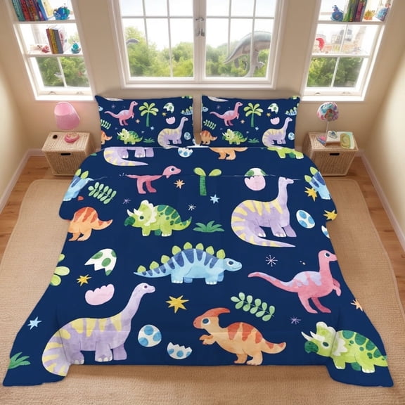 Watercolor Dinosaur Comforter Set Dark Blue Printed Bedding Set with 1 Comforter and 2 Pillowcases for Boys Girls Kids Bedroom Twin