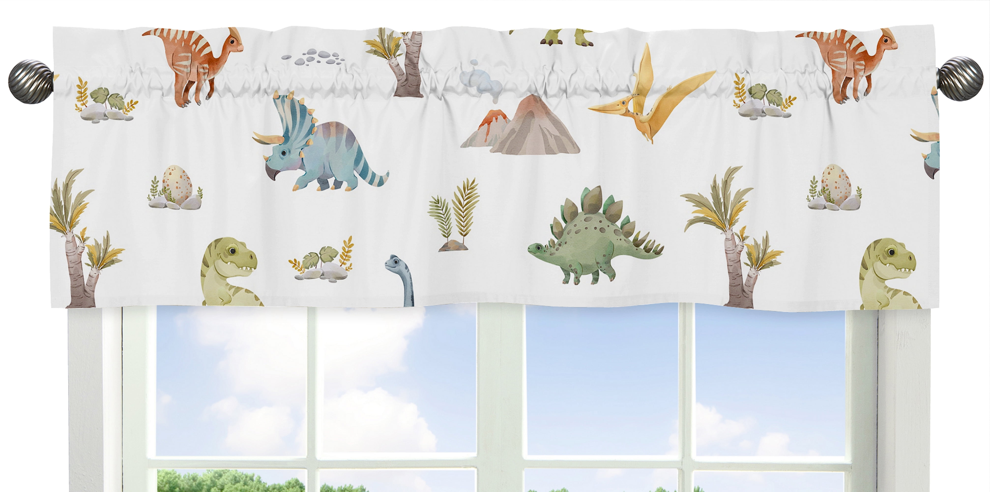 Watercolor Dinosaur Multicolor Rod Pocket Window Valance
