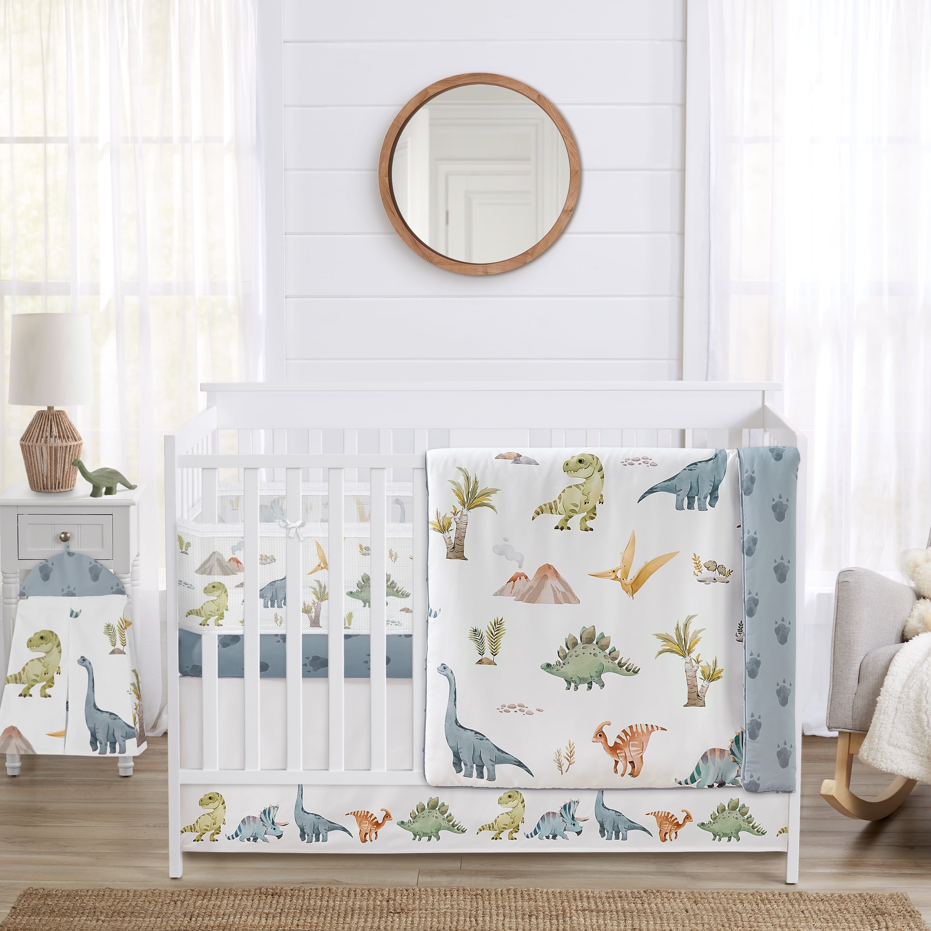Sweet Jojo Designs Watercolor Dinosaur Dino Multicolor Crib Bedding + BreathableBaby Breathable Mesh Liner Pad