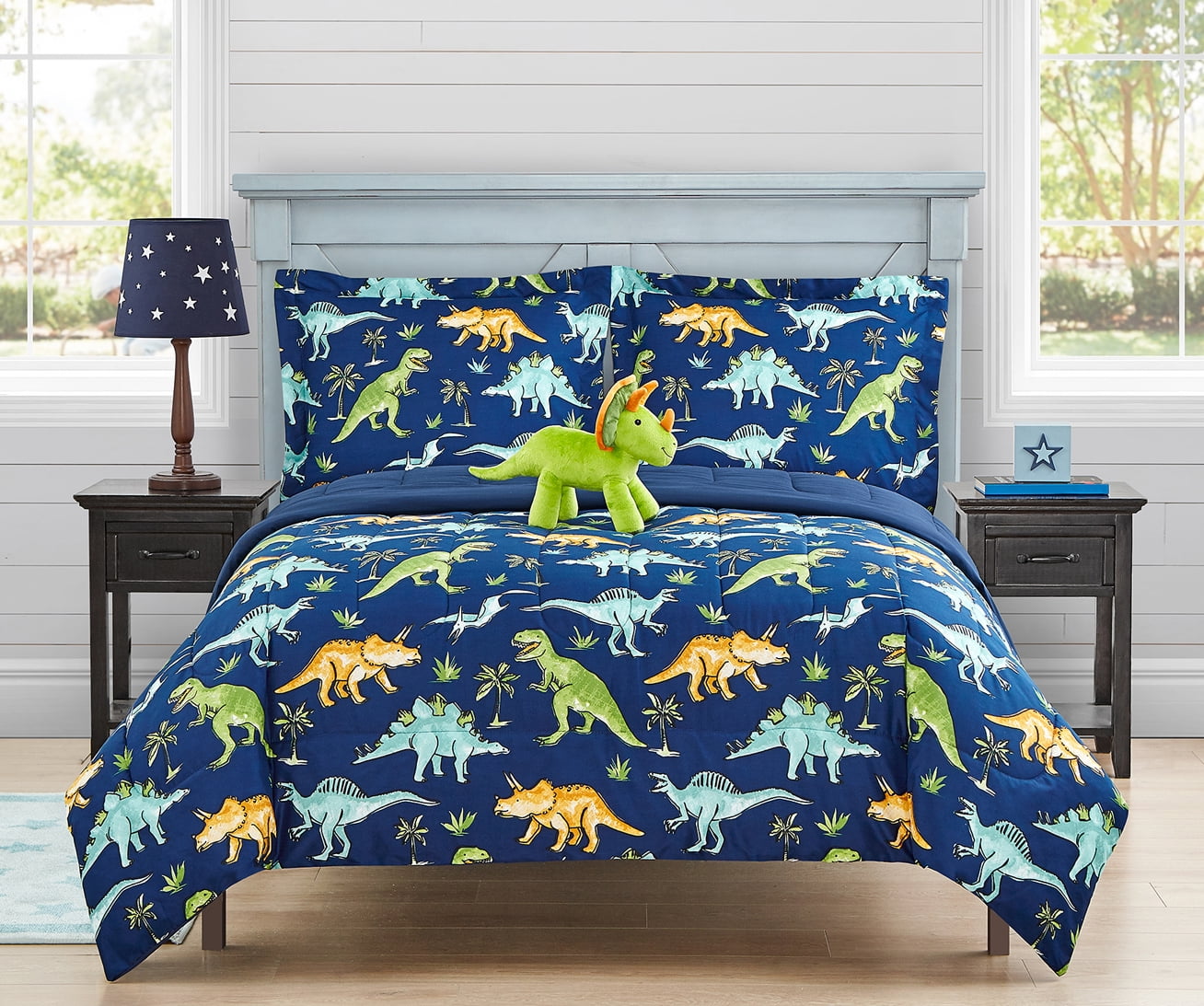 Twin Blue Microfiber Dinosaur Comforter Set with Plush Pillow