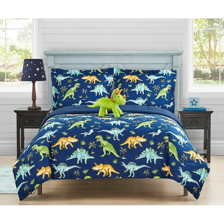 Watercolor Dinosaur Navy 3-Piece Microfiber Comforter Set Twin