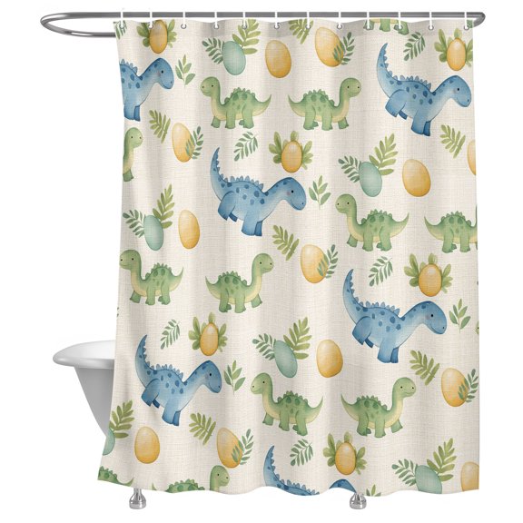 Watercolor Dinosaur Shower Curtain, Leaf Egg Linen Texture Rustic Lightweight Waterproof Fabric Shower Curtain with Rustproof Grommets for Bathroom Bathtub 54x78in