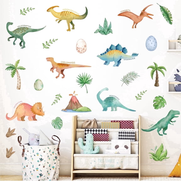 Watercolor Dinosaur Wall Decals Tropical Plants Wall Stickers Vinyl Peel and Stick Decor for Kids Boys Bedroom Nursery Classroom Playroom Living Room