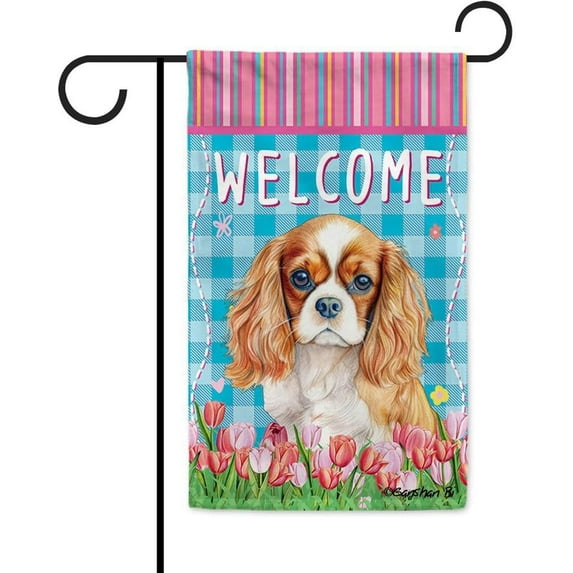 Watercolor Dog Spring Summer Welcome Garden Flag Cavalier King Charles Spaniel Tulip Flowers Blue Buffalo Plaid Outside Yard Decor Flag Banner 12.5X18 Inch Double Side Style 1