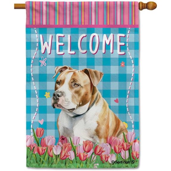 Watercolor Dog Spring Summer Welcome House Flag American Staffordshire Terrier Tulip Flowers Blue Buffalo Plaid Outside Yard Decor Flag Banner 28X40 Inch Double Side Style 1