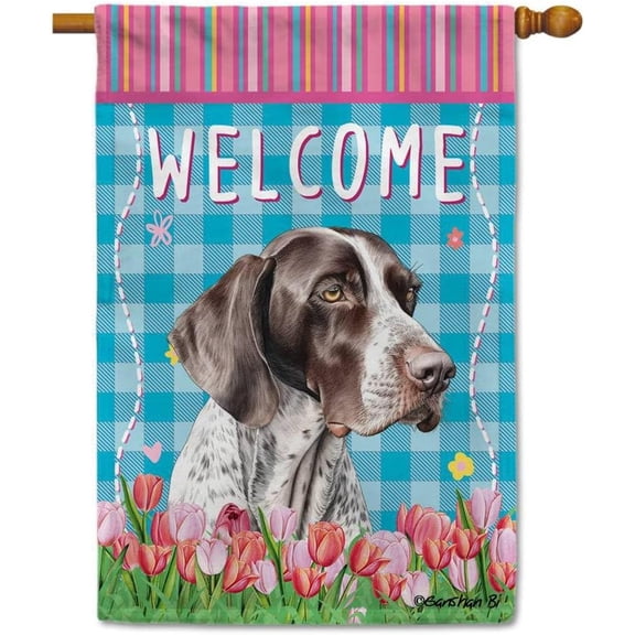Watercolor Dog Spring Summer Welcome House Flag German Shorthaired Pointer Tulip Flowers Blue Buffalo Plaid Outside Yard Decor Flag Banner 28X40 Inch Double Side Style 1