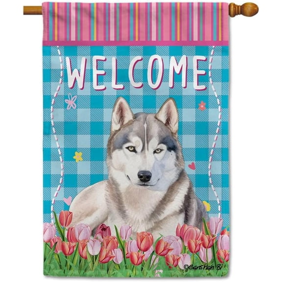 Watercolor Dog Spring Summer Welcome House Flag Siberian Husky Tulip Flowers Blue Buffalo Plaid Outside Yard Decor Flag Banner 28X40 Inch Double Side Style 1