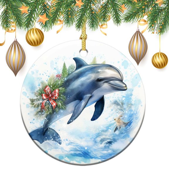 Watercolor Dolphin Peace And Joy Christmas Christmas Ceramic Ornament Dolphins Design Christmas Decoration Keepsake Ornament Christmas Xmas Tree Ornament Decoration Hanging Pendant Decor