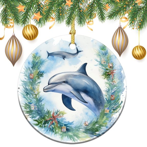 Watercolor Dolphin Peace And Joy Christmas Christmas Ceramic Ornament Dolphins Swimming Double-Sided Ceramics Ornaments for Christmas Tree Decoration Xmas Party Decorations Funny Gifts for Women/Men